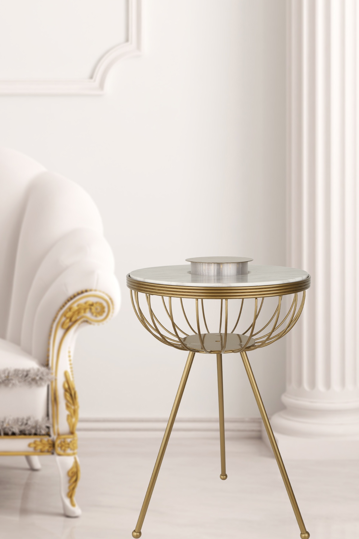 Velmora Ledli Pilli Sehpa Eskitme Mermer Ahşap